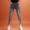 Herr jeans sommar fotled längd män mode tryckt rippade denim byxor streetwear casual grå smal fit blyertsbyxor