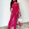 Casual jurken BKLD Spring zomer vrouwen sexy rose rood mesh long er chique mode onregelmatige spaghetti riem hollow out open back veter-up