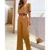 Women's Two Piece Pants Casual Fashion Women Half Sleeve Crop Tshirt Wide Leg Set Summer Femme Office Lady Pieces Suit Workwear Outfits 231124