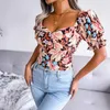 Damen Blusen Sommer Mode Blumendruck Chiffon Bluse Damen Quadratischer Kragen Kurzarm Tops Sexy French Style Shirts