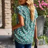 Kvinnors blusar Summer Short Sleeve Clothes Women Shirt Högen upp V-Neck Casual Loose Tops Fashion Print Blue 2023 Blusas 25457