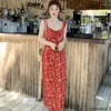 Lässige Kleider Bohemian Lange Maxi Urlaub Datum Mädchen Frauen 2023 Sommer Ärmellos Rot Blumendruck Retro Vintage Fliege Kleid