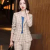 Women's Suits Blazers Pink Gray Blue Apricot Plaid Women Blazer And Pant Suit Trouser Ladies Female Formal Office Work Business 2 Piece Set 230426