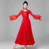 Stage Wear Robe de danse de salon 3 couleurs paillettes valse danse performance maille manches bouffantes robes standard de tango VDB7726