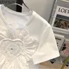 女性のTシャツOネック半径3次元フラワーTシャツ女性サマーヴィンテージカジュアルルーズホワイトティーY2KトップMujer Camisetas 230426