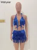 Menas de banho feminina Ano de verão Tassel lantejoulas 3 peças Biquíni Conjunto de maiô Mulher sutiã Top tanga Saias de roupas de banho sexy