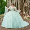 Light Green Shiny Off The Shoulder Quinceanera Dresses Tulle 3D Flower Beading Pageant Lace Up Vestidos De 15 Anos Princess Ball