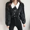 Vestes pour femmes Boutons de perles Plaid Tweed Manteaux Coréen Vintage Manches bouffantes Courtes Femmes Cardigans Chic Collier de poupée Jacktes Élégant Printemps