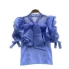 Camicette da donna Office Lady Summer Sweet Lace-Up Bow Ruffles Camicia in chiffon Pullover a maniche corte a sbuffo da donna Top neri bianchi larghi