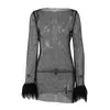 Casual Dresses Women Sexy Mesh Sheer Sparkly Long Sleeve Feather Dress Party Club Night Out Mini