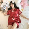 Pyjamas de nuit pour femmes femmes été en soie de glace à manches courtes deux pièces costume Net rouge chaud 2021 dessin animé dames service à domicile pyjamas
