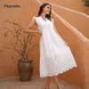Casual Dresses Marwin Long Simple Casual Solid Hollow Out Pure Cotton Holiday Style High midja Fashion Midcalf Summer Dresses Vestidos 230425