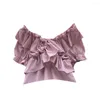 Kvinnors blusar One-Shoulder ruffle kortärmad skjorta Kvinnor Summer Fashion Solid Color French Thin Chiffon Short Tops Blus Mujer