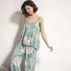 Women's Sleepwear 2023 Spring & Autumn Cartoon Sunflower Printed Women Light Blue Cotton Satin Pajamas Set Ladies Loose Thin Homewear