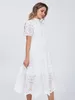 Casual Dresses Marwin Cotton Hollow Out Summer White Dress Women Holiday Perppy Casual High midje Ruffled Mini Dresses Aline Frills Vestido 230425