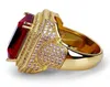Модное большое мужское широкое красное кольцо с геометрическим камнем из циркона, роскошное желтое золото, обручальные кольца со льдом для мужчин и женщин, хип-хоп Z3c175 Q07084938388