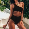 Swim Wear Sexig Rib One Shoulder Swimwear Women One Piece Swimsuit Ny 2023 Hög midja baddräkt Cut-Out Swimming For Beachwear Monokini AA230425