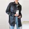 Spring Autumn Waistband Faux Leather Shirt Coat Women Button Up Loose Fit Soft Pu Long Blouses Jacket