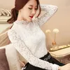 Blouses feminina camisas moda de tamanho grande crochê de crochê de gola de colarinho de colarinho de colarinho branco Blusas de manga comprida 1695 230425