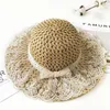 Berets Summer Woman Sun Hat Kid Cap Beż Beige Lace Bowknot Flowers Ribbon Flat Top Hats Hats Caps Panama Seaside