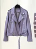 Spring Autumn Women Pu Faux Leather Jacket Slim Streetwear Purple Coat Female Casual Biker Moto With Belt