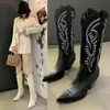 Boots Fashion Embossed Microfiber Leather Women Boots Pointed Toe Western Cowboy Boots Woman Knee-High Boots Chunky Wedges Ladies 231124