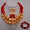 Ensemble de colliers et boucles d'oreilles élégants, couleur or rouge, bijoux en corail africain, colliers et bracelets de mariée pour femmes
