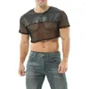 Homens camisetas Homens S Contraste Fishnet PU Crop Top Manga Curta Redondo Pescoço Sheer Camisa Sexy Malha Ver Através Muscle Tee Blusa