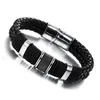 Bangle Fashion Black Mens Woven Titanium Leather Bracelet Lovers Double-layer Stainless Steel Magnet Clasp Jewels Gift