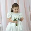 Kız Elbiseler Fildişi Saten Çiçeği Yay Şerit Mücevher Boyun Boyun Ayak Bileği Uzunluğu Kabarcık Kısa Kollu Kızlar İlk Cemaat