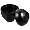 Set di stoviglie Tazza da zuppa Ciotola giapponese Squisite ciotole di riso Tazze di miso Coperchio in melamina nero