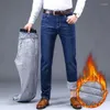 Mäns jeans vinterfleece svartblå 2023 affärer avslappnad varm förtjockar smal passform denim byxor manliga märke byxor