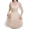 Robe de bal courte Robes de soirée champagne Sweethert Manches trois quarts Tulle avec perles