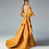 Square Neck Overskirt Mermaid prom Dresses gold Satin Pleats Backless Big Bow Celebrity evening Gown Vestido De Novia Gala