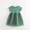 Vestidos de menina crianças garotas vestido de verão casual 2023 chegada bebê malha costura princesa verde azul rosa camisa coreana estilo
