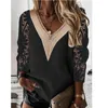 Camicette da donna 2023 Camicia da donna casual primavera estate Bottone vintage con scollo a V Ricamo Scava fuori camicetta a maniche lunghe in pizzo floreale Top