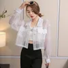 Blusa feminina de manga longa de verão gola virada para baixo organza perspectiva cintura alta camisa curta MLXLXXL