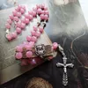 Naszyjniki wisiorek qigo różowy świecy katolicki naszyjnik różańca długie akrylowe koraliki pasmo biżuterii religijne