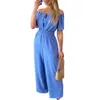 Jumpsuits voor dames rompers zomer dame sexy off-shoulder korte mouwen jumpsuits casual solide kleur elegant pendelduur elastische taille rechte broek romper 230426