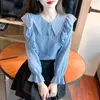 女性のブラウス女性韓国のソリッドカラードールカラーフリルエッジシフォンシャツ素敵な長袖トップファッショナブルな小さなドレスタイドオフィス