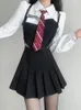 Vestidos de trabalho Houzhou estilo formal duas peças define mulheres sexy magro cintura alta plissada mini saia vintage uniforme escolar manga longa colheita tops