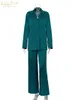 Women's Two Piece Pants Clacive Fashion Long Sleeve Blazer Set Outifits Casual Loose Office Elegant Green Satin Trouser Suits 230426