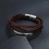 Charm Bracelets Fashion Casual Stainless Steel Black Brown Bracelet Retro Cuff Leather Bangle For 20.5/22.5 Wristband Vintage Punk Jewelry