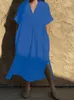 تغطية الشاطئ للسباحة للسيدات لملابس السباحة الصلبة Kaftans v الرقبة التجاعيد Rayon Bohemian Maxi Dresses Swimwear Suits S 230425