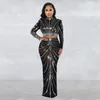 Two Piece Dress Mesh Sheer Diamond Maxi Dress Women Birthday Outfit Sparkly Elegant Long Sleeve Top Bodycon Skirt Party Evening Dress 230425