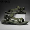 Sandals Kain Atas Dapat Disesuaikan Kait dan Loop Penutupan Bulat Kaki Terbuka Kulit Pria Klasik Musim Panas Slip On Flat Sepatu 230425