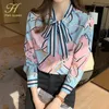 Kvinnors blusar skjortor H Han Queen Spring Vintage Print Office Lady Blue Female Shirt Bow Tops Långärmad Casual Korean Ol Women Loose 230425