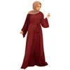 Ethnic Clothing Abayas For Women Middle East Malaysian Muslim Woman Dress Crewneck Robe Simple Abaya Dubai Solid Color Jilbab With Waistband