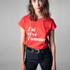 Zadig Voltaire Camiseta feminina 23ss zv carta reunindo bainha arco algodão feminino vermelho em torno do pescoço manga curta camiseta