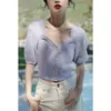 Women's Knits White Cardigan Women Summer 2023 Cropped Tops Purple Sweater Shirt Fashion Puff Sleeve V Neck Single Breasted Knitted